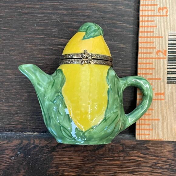Limoges Trinket Box Peint Main Rochard France Corn Teapot Handpainted Paint Loss - Picture 16 of 16